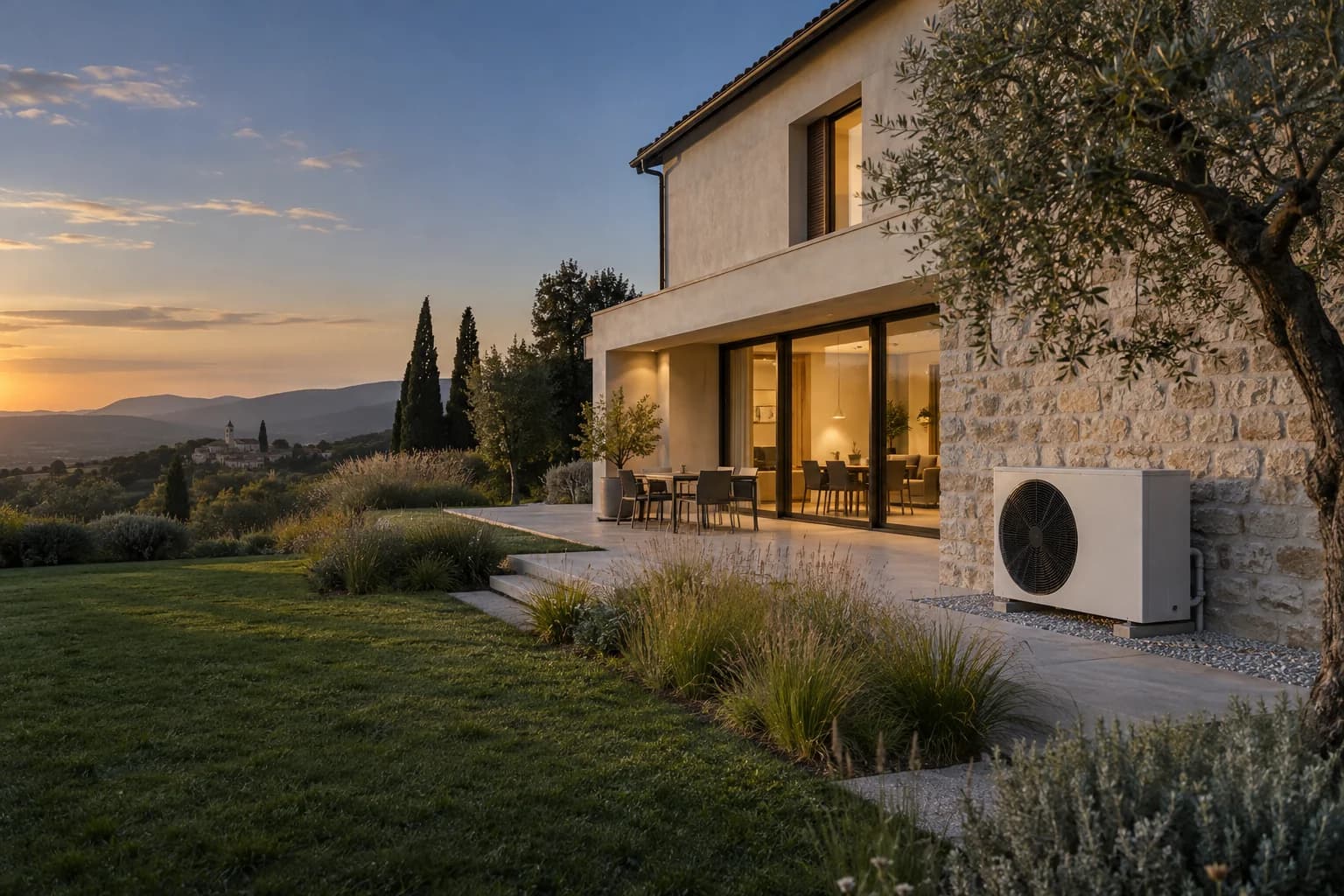 Casa contemporanea con luce calda e pompa di calore, immagine illustrativa