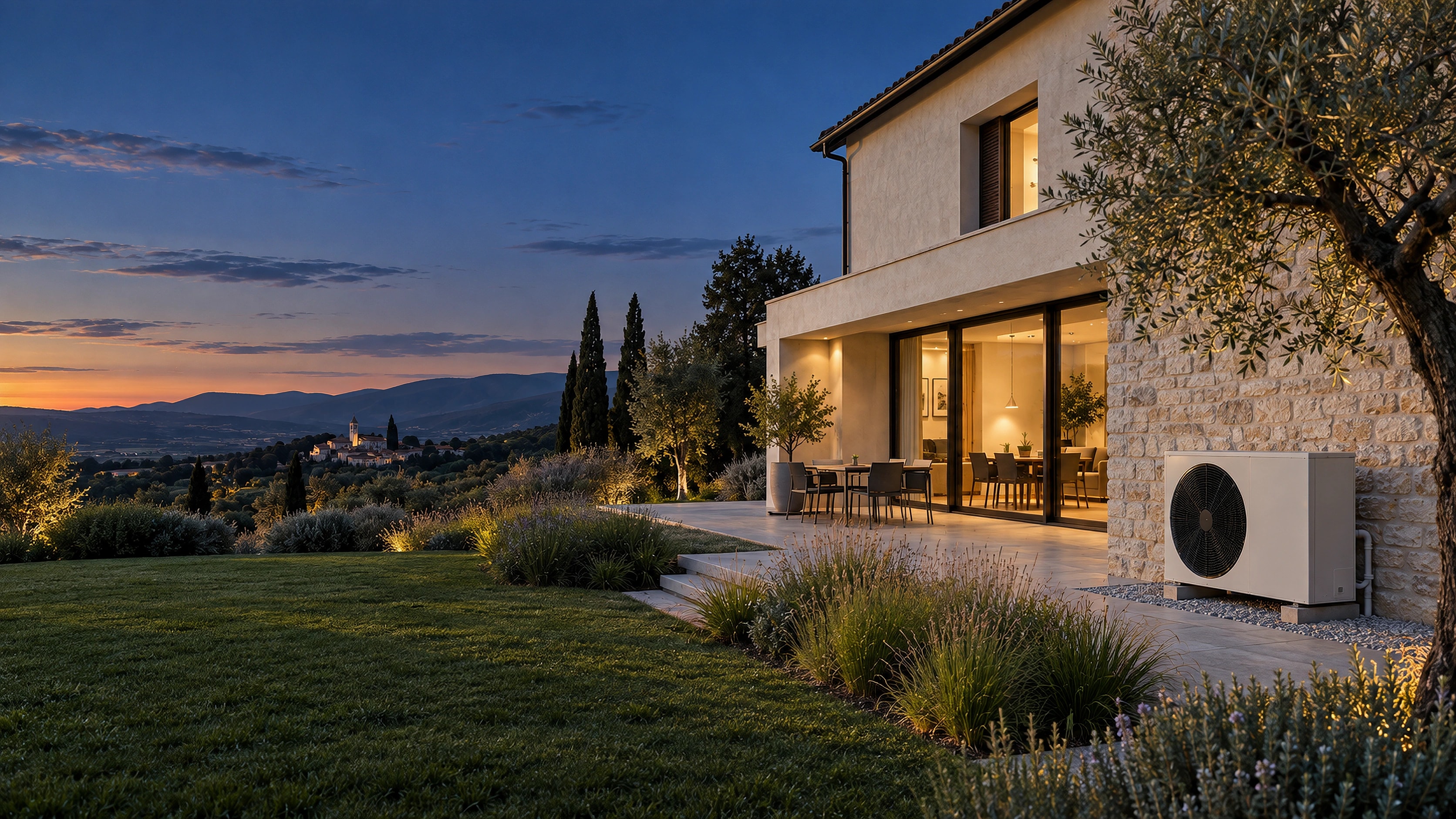 Casa contemporanea con pompa di calore al tramonto, immagine illustrativa
